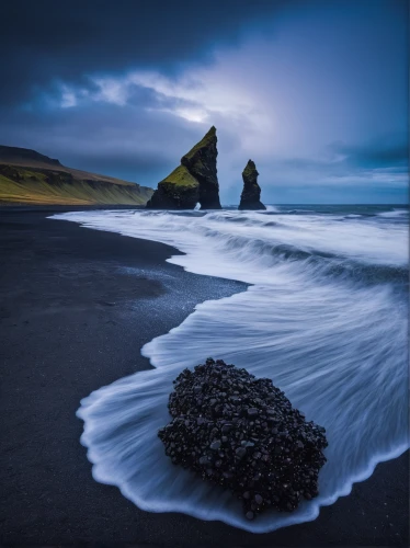 black sand,eastern iceland,black beach,iceland,dark beach,sea stack,volcanic rock,volcanic landscape,volcanic plug,taranaki,volcanic field,seascapes,rocky coast,new zealand,rock formation,icelanders,landscape photography,rock erosion,chalk stack,rocky beach,Photography,Artistic Photography,Artistic Photography 10