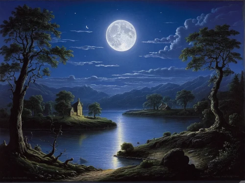 moonlit night,river landscape,the night of kupala,night scene,landscape background,fantasy picture,fantasy landscape,moonlit,lunar landscape,blue moon,moonlight,nature landscape,moonscape,evening lake,forest landscape,an island far away landscape,herfstanemoon,natural landscape,landscape nature,high landscape,Illustration,Abstract Fantasy,Abstract Fantasy 21