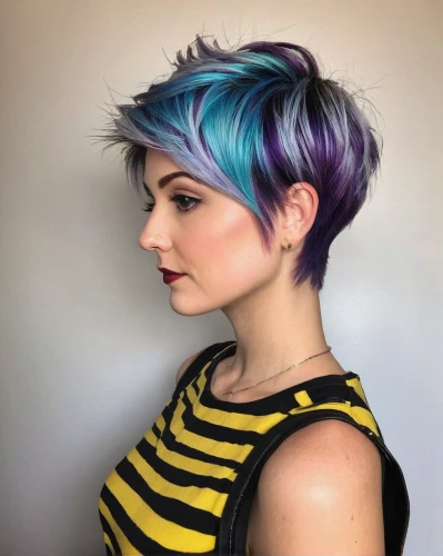 pixie-bob,pixie cut,asymmetric cut,blue hair,pixie,natural color,pompadour,semi-profile,feathered hair,yellow and blue,beehive,lilac breasted roller,multi-color,violet head elf,colorful,indigo,aurora yellow,color turquoise,gold and purple,striped background,Illustration,Black and White,Black and White 22