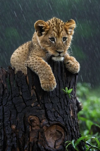 perched on a log,lion cub,cub,lion with cub,in the rain,king of the jungle,little lion,photo shoot with a lion cub,african lion,cheetah cub,baby lion,rainy day,great puma,walking in the rain,wildlife,wild life,panthera leo,endangered,lioness,protection from rain,Photography,Documentary Photography,Documentary Photography 37