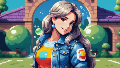 retro girl,pixel art,girl in overalls,game illustration,jean jacket,retro woman,pixel,pixel cells,overalls,jean button,snes,springtime background,girl with speech bubble,retro styled,portrait background,denim jacket,retro background,alice,mary,city ​​portrait,Unique,Pixel,Pixel 02