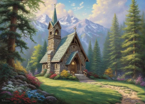 church painting,wooden church,little church,forest chapel,church faith,fredric church,black church,church,landscape background,house of prayer,mountain scene,gothic church,home landscape,wayside chapel,churches,the black church,chapel,church religion,mountain settlement,fantasy picture,Illustration,Paper based,Paper Based 08
