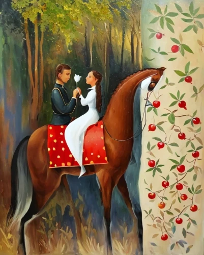 khokhloma painting,young couple,wall painting,horseback,man and horses,romantic scene,oil painting on canvas,art painting,fabric painting,wedding couple,serenade,meticulous painting,photo painting,hunting scene,honeymoon,folk art,equestrian,oil painting,horse-drawn,apple pair,Common,Common,Cartoon