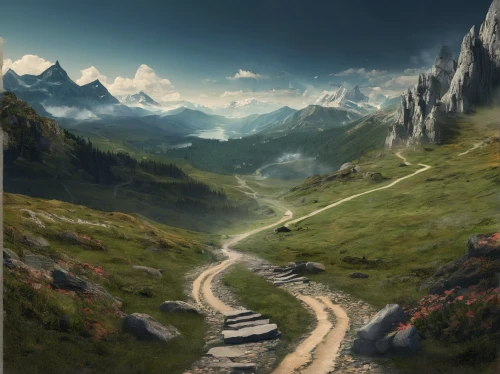 fantasy landscape,mountain road,alpine crossing,alpine route,mountain pass,winding road,mountain highway,winding roads,alpine drive,mountain landscape,hiking path,the mystical path,pathway,road forgotten,mountain scene,the road,the path,mountainous landscape,high alps,mountains,Conceptual Art,Fantasy,Fantasy 02