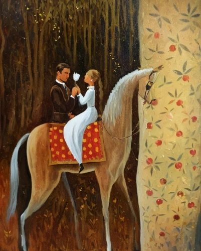 horseback,khokhloma painting,man and horses,young couple,carousel horse,serenade,children's fairy tale,hunting scene,equestrian,courtship,romantic scene,wedding couple,wall painting,riding school,church painting,jockey,horse riders,oil painting on canvas,cinderella,two-horses,Common,Common,Cartoon