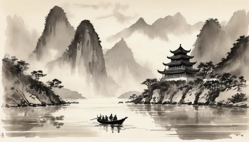 chinese art,guilin,wuyi,guizhou,yunnan,river landscape,huashan,xing yi quan,chinese background,zhangjiajie,oriental painting,boat landscape,luo han guo,stone lotus,dragon boat,huangshan maofeng,yangqin,mountainous landscape,chinese architecture,landscape background,Illustration,Paper based,Paper Based 30