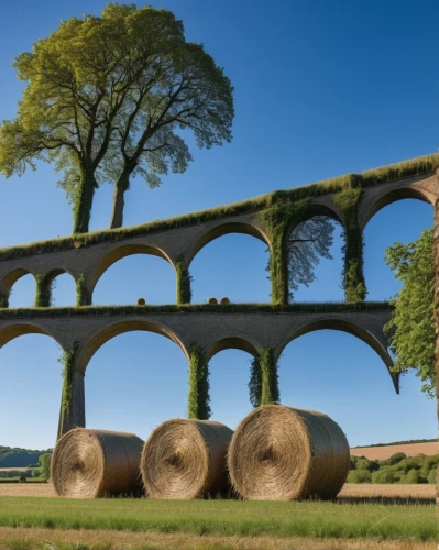 viaduct,abbaye de belloc,bales of hay,aqueduct,roman columns,chmarossky viaduct,sweeping viaduct,normandie region,pont du gard,straw bales,arches,bales,round straw bales,agricultural machinery,round bales,entablature,dordogne,pillars,asturias,north yorkshire,Photography,General,Natural