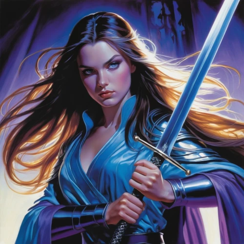 swordswoman,huntress,sorceress,heroic fantasy,blue enchantress,katana,female warrior,quarterstaff,beautiful girls with katana,fantasy woman,staves,bow and arrows,longbow,mulan,swordsman,defense,wall,warrior woman,the enchantress,purple,Conceptual Art,Fantasy,Fantasy 20