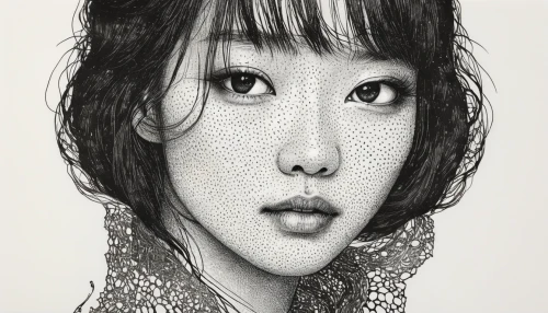 pencil art,lotus art drawing,pencil drawings,pencil drawing,graphite,oriental girl,pencil and paper,pen drawing,songpyeon,girl drawing,charcoal pencil,girl portrait,asian woman,vintage drawing,choi kwang-do,mechanical pencil,japanese woman,doll's facial features,pointillism,eyes line art,Illustration,Black and White,Black and White 09