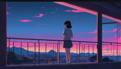 summer evening,evening atmosphere,overlook,in the evening,rooftop,dusk,dawn,daybreak,balcony,pink dawn,the horizon,rooftops,scenery,summer sky,atmosphere,dusk background,before the dawn,sunset,longing,house silhouette,Illustration,Japanese style,Japanese Style 06