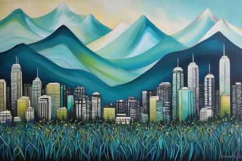city scape,city skyline,skyline,cityscape,mountain scene,urban landscape,art painting,seattle,vancouver,salt meadow landscape,oil painting on canvas,city cities,san diego skyline,fabric painting,urbanization,mountainous landscape,santiago de chile,salt lake city,mountain valley,mountain landscape,Illustration,Abstract Fantasy,Abstract Fantasy 03