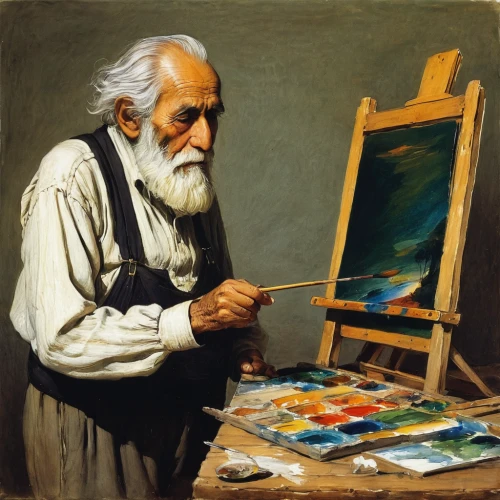 italian painter,painting technique,elderly man,artist portrait,painter,painting,artist,oil painting,artist color,easel,leonardo da vinci,art painting,meticulous painting,archimedes,fisher,self-portrait,lev lagorio,leonardo devinci,oil paint,oil painting on canvas,Illustration,Retro,Retro 22