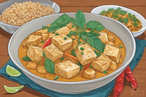 massaman curry,tofu skin,stinky tofu,paneer,thai curry,yellow curry,tamagoyaki,tofu,agedashi tofu,sancocho,jjigae,miso,coconut cubes,manchow soup,bánh bò,red curry,chankonabe,chana masala,asian soups,budae jjigae,Illustration,Japanese style,Japanese Style 07