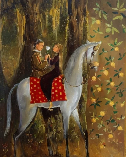 hunting scene,khokhloma painting,man and horses,horseback,joan of arc,children's fairy tale,fairy tale character,fairy tale,horse riders,autumn idyll,indian art,equestrian,horse herder,endurance riding,girl with tree,fairytale characters,young couple,oil painting on canvas,cavalry,balalaika,Common,Common,Cartoon