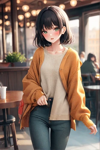 coffee background,anime japanese clothing,sweater,cute clothes,fashionable girl,winter clothes,honmei choco,winter clothing,girl in a long,cardigan,anime girl,drinking coffee,anime 3d,girl walking away,autumn background,parka,cappuccino,coffee shop,fashion girl,chara