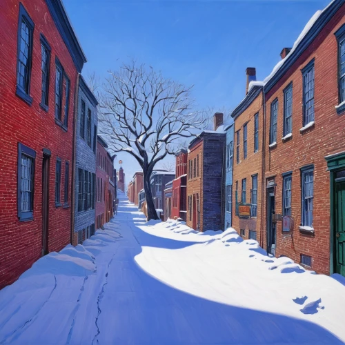 old linden alley,row houses,townhouses,birch alley,row of houses,quebec,alley,montreal,laneway,narrow street,red brick,snow scene,frontenac,alleyway,lachine,red bricks,snow landscape,philadelphia,houses clipart,snowy landscape,Illustration,Children,Children 01