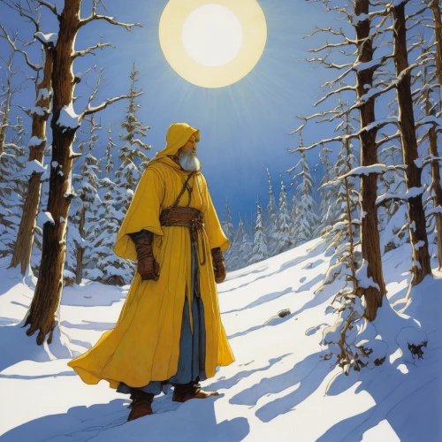 monks,suit of the snow maiden,pilgrims,monk,the wanderer,indian monk,hooded man,buddhist monk,snow scene,pilgrim,middle eastern monk,russian winter,glory of the snow,yellow sun hat,yellow,yellow light,hieromonk,angel moroni,winter service,the cold season,Illustration,Realistic Fantasy,Realistic Fantasy 04