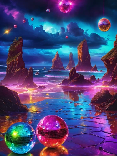 spheres,fantasy landscape,alien world,background with stones,christmas balls background,fairy galaxy,alien planet,prism ball,futuristic landscape,fantasy picture,orbs,glass balls,crystal ball,colorful stars,3d fantasy,orb,colored stones,star balloons,diamond lagoon,colorful balloons,Illustration,Realistic Fantasy,Realistic Fantasy 38