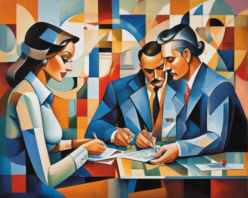 financial advisor,clue and white,car dealer,bank teller,business people,david bates,chess game,white-collar worker,jigsaw puzzle,seller,crossword,advisors,dealer,capital markets,conversation,meticulous painting,chess player,artists,art deco,roaring twenties couple,Art,Artistic Painting,Artistic Painting 45