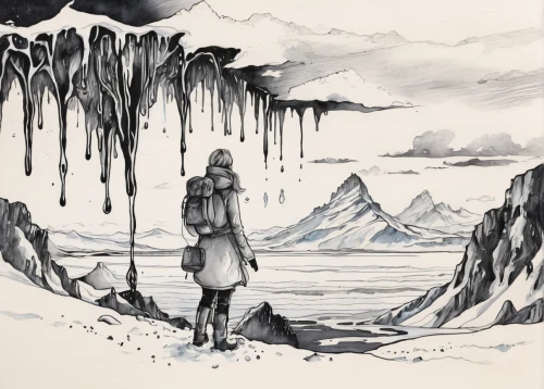 ice landscape,winter landscape,winter background,ink painting,icicles,barren,ice planet,ice cave,chasm,jrr tolkien,glaciers,glacial,snow drawing,the glacier,glacier,ice rain,ice castle,washes,mountain guide,thermokarst,Illustration,Black and White,Black and White 34