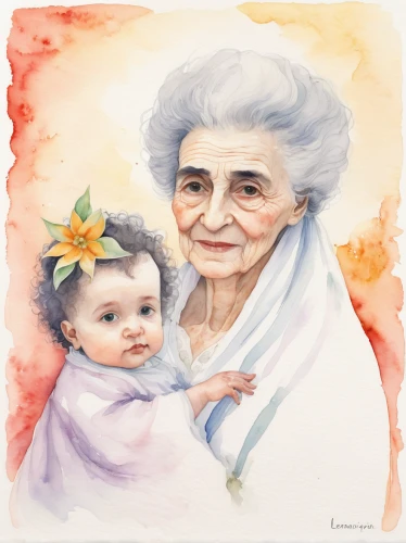 grandmother,grandchild,little girl and mother,watercolor baby items,grandparent,nanny,elderly lady,custom portrait,granny,grandma,watercolor painting,flower painting,granddaughter,capricorn mother and child,portrait background,child portrait,grama,baby with mom,cepora judith,old woman,Illustration,Abstract Fantasy,Abstract Fantasy 16