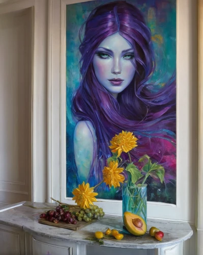 sunflowers in vase,flower painting,glass painting,flower art,art painting,decorative art,boho art,oil painting on canvas,girl in flowers,splendor of flowers,flower arranging,flower arrangement,meticulous painting,oil painting,interior decor,la violetta,paintings,flower wall en,interior decoration,floral composition,Illustration,Realistic Fantasy,Realistic Fantasy 30