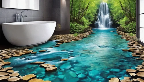 ceramic floor tile,shower curtain,luxury bathroom,floor fountain,ceramic tile,3d fantasy,bathtub accessory,tile flooring,water scape,underground lake,wall decoration,landscape designers sydney,mirror water,water lotus,bathroom accessory,background with stones,decorative fountains,water flowing,underwater landscape,flooded pathway,Illustration,Black and White,Black and White 07