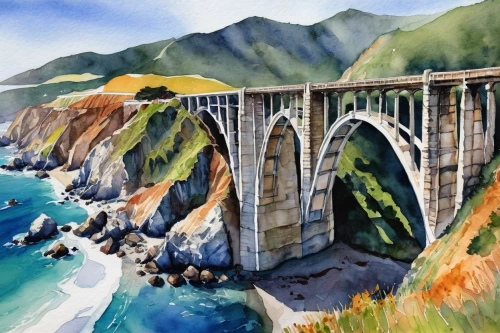 bixby bridge,bixby creek bridge,rainbow bridge,spit bridge,highway 1,pacific coast highway,viaduct,tied-arch bridge,bridge arch,arch bridge,sweeping viaduct,humpback bridge,devil's bridge,scenic bridge,three point arch,arches,viola bridge,coastal road,watercolor,goldengatebridge,Illustration,Realistic Fantasy,Realistic Fantasy 33