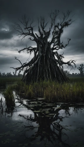 swampy landscape,the roots of the mangrove trees,bayou,everglades,isolated tree,swamp,everglades np,creepy tree,ghost forest,weeping willow,freshwater marsh,tidal marsh,the roots of trees,the ugly swamp,dragon tree,marsh,lone tree,rooted,black landscape,landscape photography,Conceptual Art,Graffiti Art,Graffiti Art 05