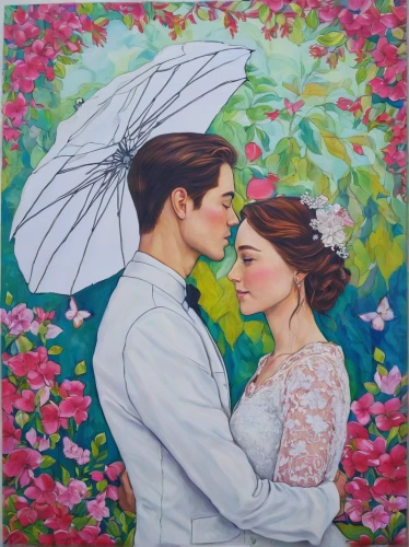 young couple,romantic portrait,oil painting on canvas,wedding couple,honeymoon,the cherry blossoms,oil on canvas,two people,dancing couple,romantic scene,art painting,oil painting,man and wife,as a couple,couple in love,love in the mist,bride and groom,couple,beautiful couple,man and woman,Illustration,Japanese style,Japanese Style 12
