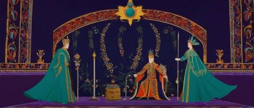 stage curtain,theater curtain,ceremonial,stage design,magic mirror,rem in arabian nights,art nouveau design,golden candlestick,art nouveau,ceremony,fantasia,aladdin,theater curtains,high priest,priestess,the throne,the mirror,accolade,defense,emperor,Illustration,Retro,Retro 26