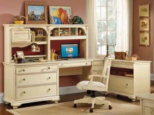 secretary desk,dressing table,writing desk,sewing room,chiffonier,antique furniture,sideboard,dresser,workroom,danish room,baby changing chest of drawers,colorpoint shorthair,cabinetry,the little girl's room,chest of drawers,computer desk,furniture,search interior solutions,boy's room picture,children's bedroom,Illustration,Retro,Retro 18