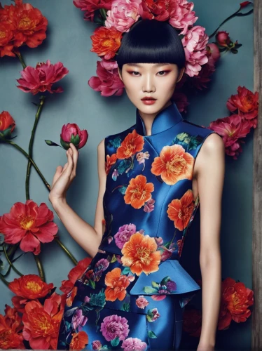 japanese floral background,flower wall en,floral japanese,girl in flowers,chinese art,oriental painting,floral background,beautiful girl with flowers,vintage floral,geisha girl,chinese style,flower fabric,floral composition,china rose,janome chow,floral poppy,vintage flowers,blue rose,blue petals,flower painting,Illustration,Realistic Fantasy,Realistic Fantasy 45