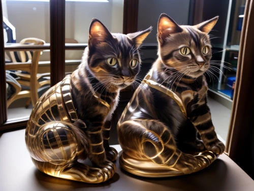 cat furniture,american shorthair,milbert s tortoiseshell,mirror image,toyger,mirrored,two cats,mirror reflection,felines,salt and pepper shakers,desk accessories,bengal cat,home accessories,cat lovers,cats,mirroring,cat paw mist,gold lacquer,capricorn kitz,cat image
