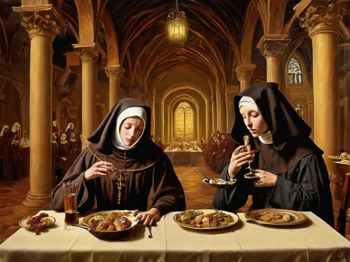 carmelite order,holy supper,the annunciation,candlemas,christ feast,benedictine,holy communion,nuns,eucharist,communion,eucharistic,last supper,saint therese of lisieux,church painting,holy family,convent,seven sorrows,gothic portrait,candlestick for three candles,sicilian cuisine,Illustration,Realistic Fantasy,Realistic Fantasy 37