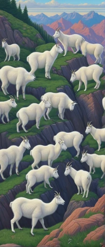 mountain cows,herd of goats,milk cows,cow herd,kuvasz,white horses,a flock of sheep,alpine pastures,mountain pasture,flock of sheep,horse herd,livestock,llamas,oxen,salt meadow landscape,antelopes,animal migration,dall's sheep,mountain sheep,buffalo herd,Illustration,Retro,Retro 16