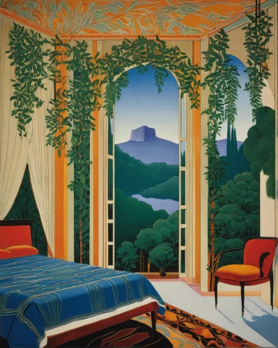 four-poster,children's bedroom,four poster,sleeping room,bedroom,art deco,guest room,canopy bed,curtains,guestroom,bedroom window,wade rooms,blue room,boy's room picture,children's room,art nouveau design,tapestry,travel poster,hotelroom,window treatment,Illustration,Retro,Retro 26