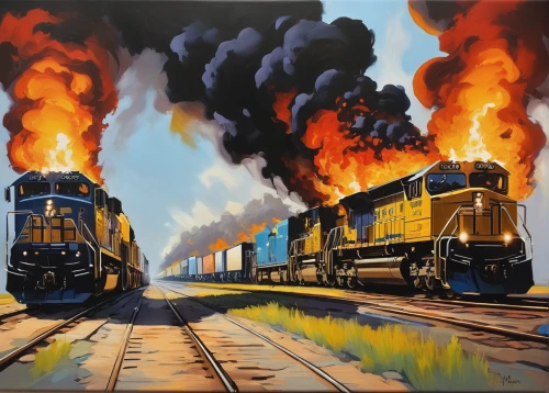 steam locomotives,locomotives,diesel locomotives,tank cars,electric locomotives,freight trains,tank wagons,merchant train,through-freight train,trains,diesel train,railroads,oil painting on canvas,oil track,container train,rail traffic,freight locomotive,mixed freight train,railroad crossing,train crash,Illustration,American Style,American Style 14