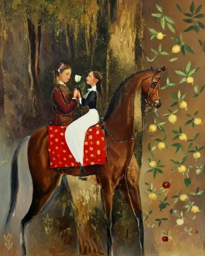 khokhloma painting,girl picking apples,horseback,man and horses,frutti di bosco,girl picking flowers,hunting scene,equestrian,apple pair,young couple,jockey,flower cart,racehorse,carousel horse,two-horses,girl with tree,serenade,horse-drawn,braque francais,oil painting,Common,Common,Cartoon