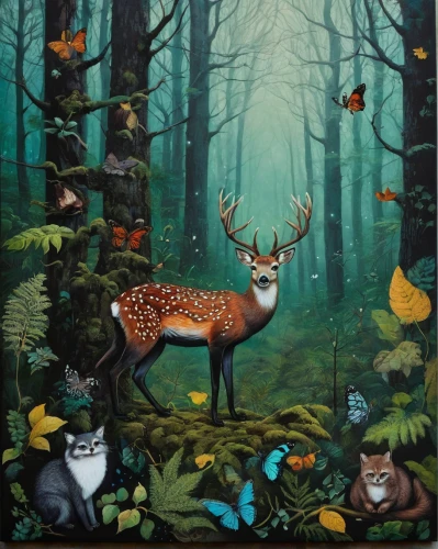 forest animals,woodland animals,fall animals,deer illustration,pere davids deer,forest animal,whimsical animals,hunting scene,animals hunting,cartoon forest,dotted deer,autumn forest,deer,fauna,young-deer,fawns,anthropomorphized animals,forest background,winter animals,forest landscape,Illustration,Abstract Fantasy,Abstract Fantasy 10