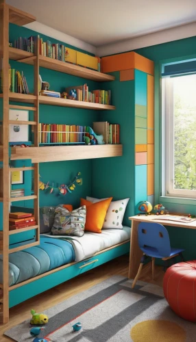 kids room,children's room,children's bedroom,boy's room picture,bookshelves,children's interior,bookcase,the little girl's room,children's background,bookshelf,playing room,book wall,wooden shelf,teal and orange,baby room,cartoon video game background,modern room,interior design,study room,wooden planks,Illustration,Realistic Fantasy,Realistic Fantasy 41