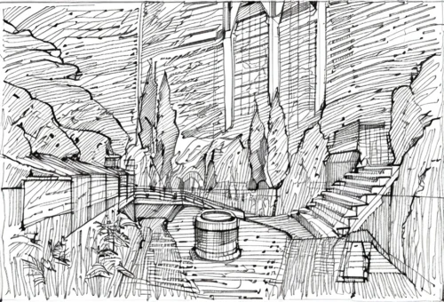 panoramical,game drawing,fontana di trevi,peter-pavel's fortress,karst landscape,sheet drawing,excavator,excavators,hand-drawn illustration,line drawing,dungeon,pencil lines,mountain settlement,mining facility,metropolis,pen drawing,mono-line line art,concept art,rock formations,organ pipes,Design Sketch,Design Sketch,None