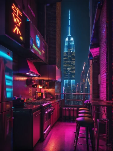 new york restaurant,neon cocktails,retro diner,neon coffee,neon drinks,unique bar,manhattan,neon lights,neon sign,neon light,piano bar,cyberpunk,neon light drinks,liquor bar,diner,cityscape,nightlife,rain bar,nightclub,neon candies,Conceptual Art,Sci-Fi,Sci-Fi 26