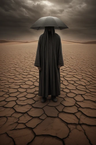 man with umbrella,desertification,the dry season,conceptual photography,desolation,capture desert,dead vlei,photo manipulation,arid land,arid,the gobi desert,hooded man,buddhist monk,desolate,arid landscape,buddhist hell,asian conical hat,stand alone,kurai steppe,desert background,Illustration,Realistic Fantasy,Realistic Fantasy 17