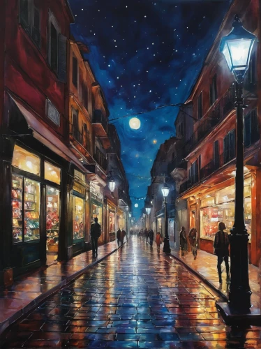 night scene,oil painting on canvas,oil painting,art painting,italian painter,rome night,oil on canvas,street scene,lamplighter,street lights,nocturnes,evening atmosphere,shopping street,watercolor paris shops,nightscape,universal exhibition of paris,city at night,watercolor paris,the cobbled streets,at night,Illustration,Paper based,Paper Based 04