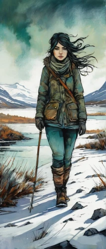 the wanderer,adventurer,wanderer,jrr tolkien,little girl in wind,nordland,wander,mountain guide,woman walking,northern longear,the cold season,heroic fantasy,winter background,utonagan,wind warrior,eskimo,sarplaninac,thorin,seal hunting,lone warrior,Illustration,Realistic Fantasy,Realistic Fantasy 23