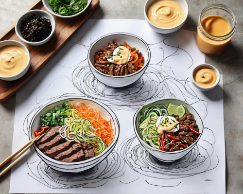 naengmyeon,beef noodle soup,noodle bowl,bibimbap,jajangmyeon,korean side dish,korean royal court cuisine,tibetan bowls,makguksu,asian soups,singapore-style noodles,soba noodles,yaka mein,feast noodles,korean chinese cuisine,noodle soup,kalguksu,korean cuisine,udon noodles,bun cha,Illustration,Black and White,Black and White 05