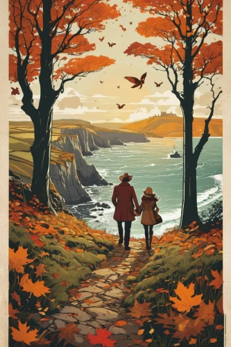 travel poster,autumn walk,autumn idyll,autumn theme,autumnal,autumn landscape,autumn frame,autumn colouring,the autumn,exmoor,autumn motive,autumn day,autumn sunshine,autumn scenery,fall landscape,autumn,autumn background,one autumn afternoon,autumn trees,vintage couple silhouette,Illustration,Children,Children 04