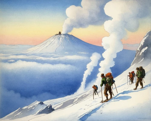 mountain scene,ski mountaineering,skiers,alpine crossing,the volcano avachinsky,cloud mountain,skijoring,säntis,ski touring,cotopaxi,koryaksky volcano,titlis,alpine skiing,alpine route,the spirit of the mountains,mont blanc,travel poster,mountain rescue,patrol suisse,skiing,Illustration,Retro,Retro 19