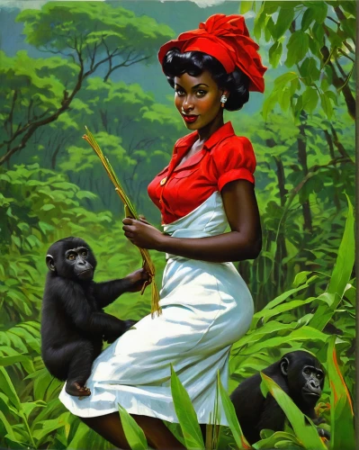 monkey island,rwanda,african woman,uganda,african american woman,great apes,democratic republic of the congo,liberia,people of uganda,tanzania,ghana,bonobo,cameroon,benin,chimpanzee,nigeria woman,gorilla,black woman,primates,green congo,Illustration,Retro,Retro 10